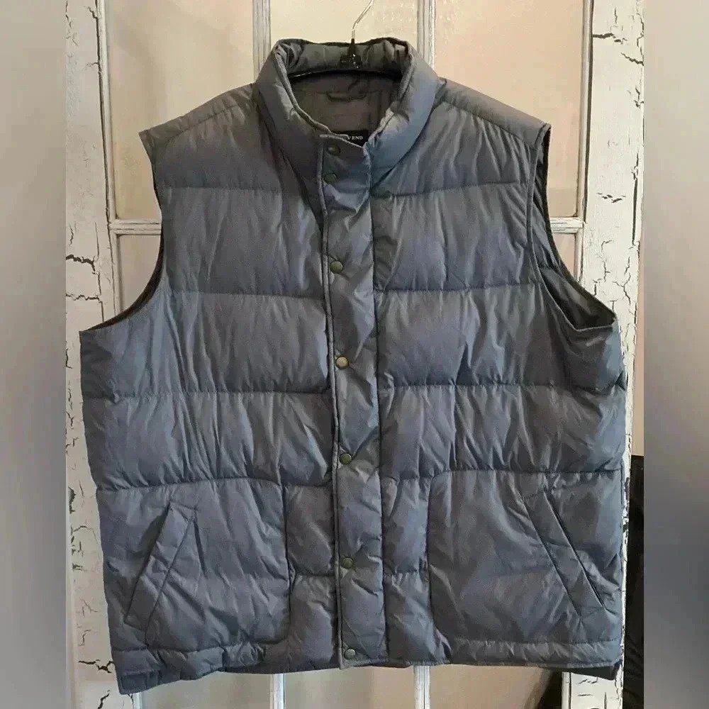 Lands End Puffer Vest SZ 2XL 50-52 80 Down 20 Feather Jacket Grey Button Front